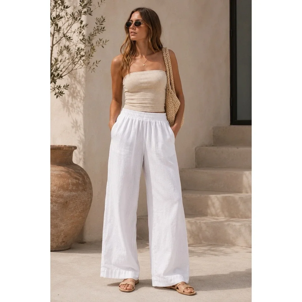 Old Navy High-Rise Wide Leg Pants – Women's Large White Pull-On Casual Linen